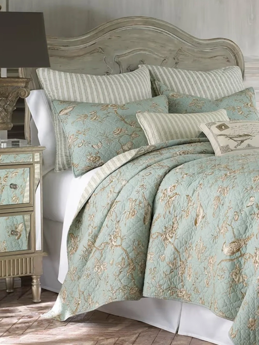 🆕 PB Style Reversible Quilt Set Brown Stripes Sage Floral Bird Toile Coverlet